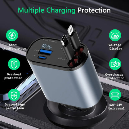 Power On the Go|4 in 1 Retractable cables 2 Type C and iOS Fast Charging Car Phone Charger