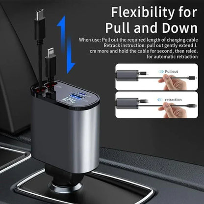 Power On the Go|4 in 1 Retractable cables 2 Type C and iOS Fast Charging Car Phone Charger