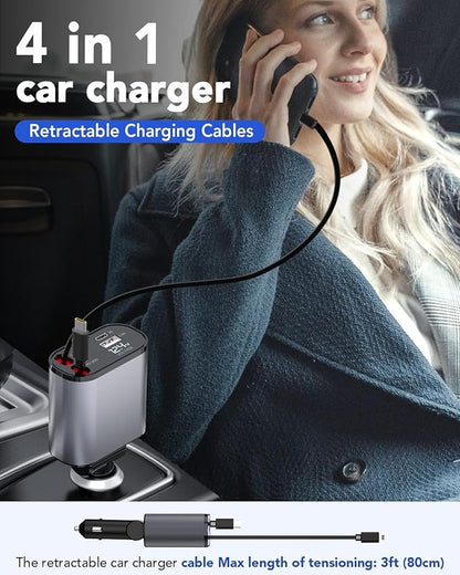 Power On the Go|4 in 1 Retractable cables 2 Type C and iOS Fast Charging Car Phone Charger