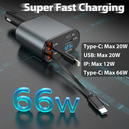 Power On the Go|4 in 1 Retractable cables 2 Type C and iOS Fast Charging Car Phone Charger