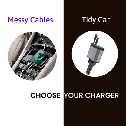 Power On the Go|4 in 1 Retractable cables 2 Type C and iOS Fast Charging Car Phone Charger