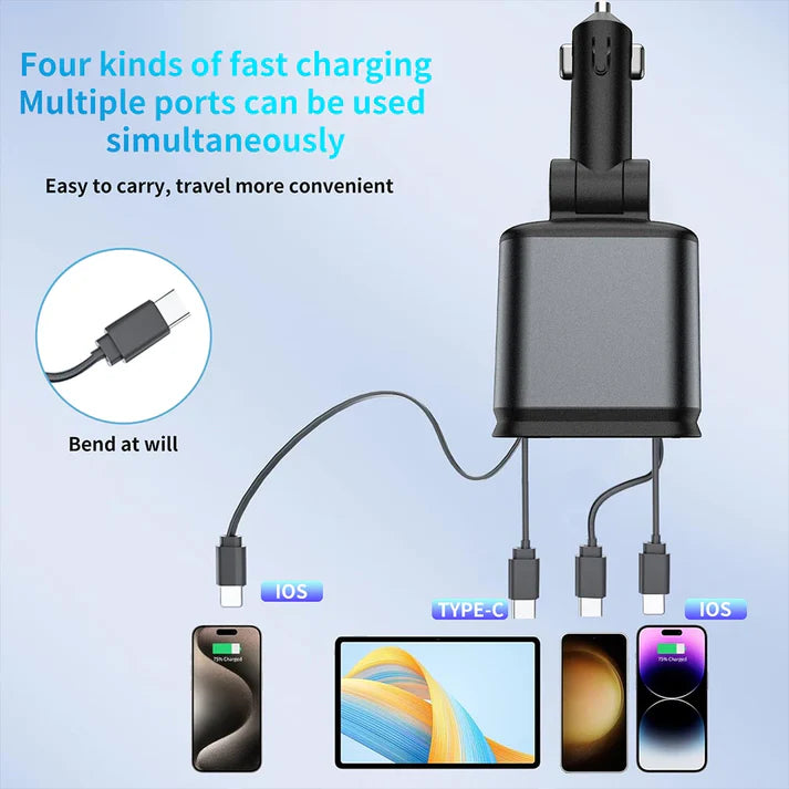 Power On the Go|4 in 1 Retractable cables 2 Type C and iOS Fast Charging Car Phone Charger